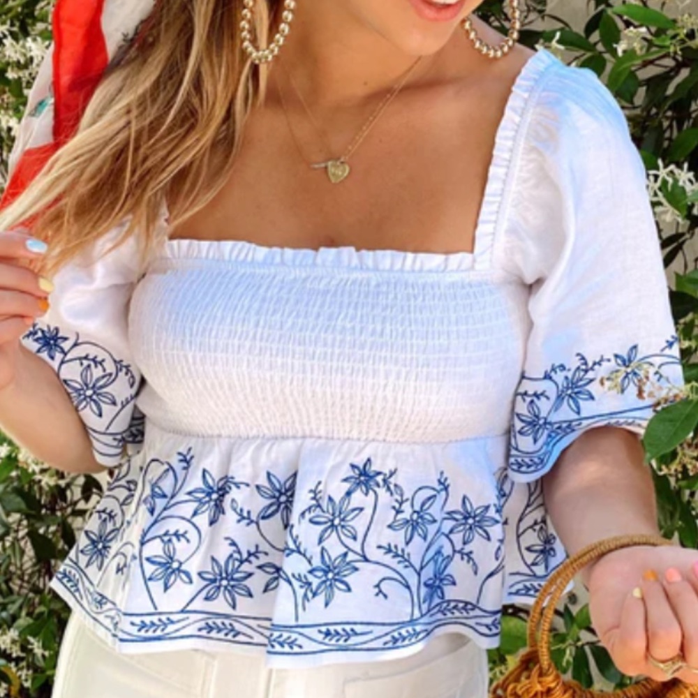 Show Me Your Mumu x Anthropologie Maria Rosalie L White Blue Embroidered Smocked